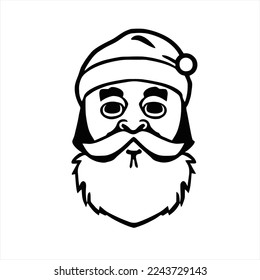 Vector image of a Santa Claus on white background. A santa claus face with a beard and a santa hat on it's head, in black and white