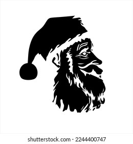 Vector image of a Santa Claus on white background. A black and white silhouette of a man's face wearing a santa hat with a beard and mustache