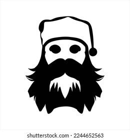 Vector image of a Santa Claus on white background. A black and white silhouette of a santa claus hat with beard and mustaches on a white background with a black outline