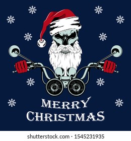 Vector image of a santa claus skull driving a motorcycle. Illustration on a blue background.