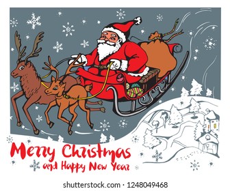 Vector image of Santa Claus in a sleigh pulled by large and small reindeer in landscape with houses and trees. Merry Christmas and Happy New Year.