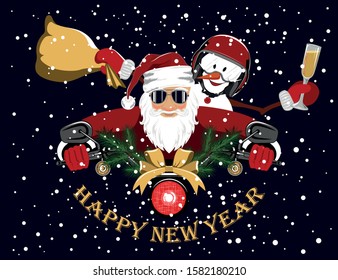 Vector image of Santa Claus and a snowman who ride a motorcycle. Cheerful snowman with a glass of champagne and a bag of gifts. Happy New Year.