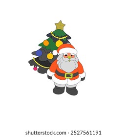 vector image of santa claus standing under the christmas tree.