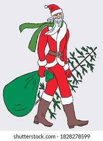 Vector image of Santa Claus walking with christmas tree and gifts bag