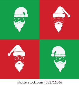 Vector image of santa hats and beards and eyeglasses on red background and green background