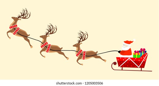 Vector image of Santa on Sleigh with christmas presents and his flying reindeers isolated on light yellow background.