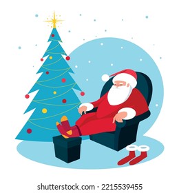 Imagen vectorial de Santa durmiendo en una silla cerca del árbol de Navidad.