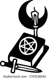 Vector image of the Satan Bible, candle, dagger and Crescent svg