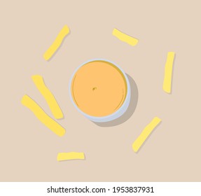 Vector image of a sauce in a small container and French fries surrounding it. 