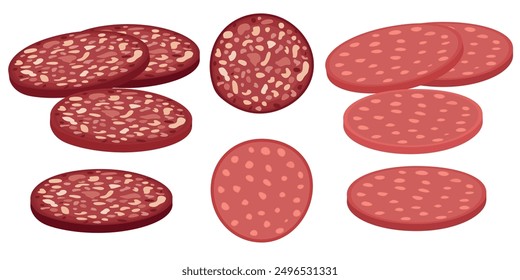 Vector Imagen de lonchas de salchicha. Concepto de alimentos e ingredientes para cocinar. Elemento para su diseño