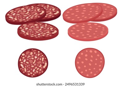 Vector Imagen de lonchas de salchicha. Concepto de alimentos e ingredientes para cocinar. Elemento para su diseño