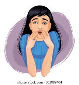 Vector image of scared young cartoon woman who closes her mouth with her hands, eps10