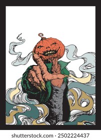 Vector image of scary pumpkin boss amidst smoke