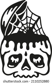 Vector image of a scary skull with cobwebs on top, halloween style, black illustration of a skull on a white background, cobwebs on the head of a skull, scary vector illustration in retro style