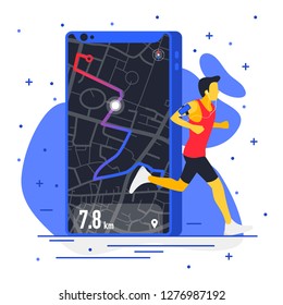 Vector Image Of A Schematic Map Of The City, Streets, The Trajectory Of Running Along The Route, The Distance Traveled In Kilometers, Running Man