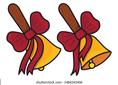 Vector image of a school bell, two variants. Signal, first and last calls, holiday, welcome back to school, school weekdays. The first school day, a bell as a symbol of the holiday, ribbon, bow.