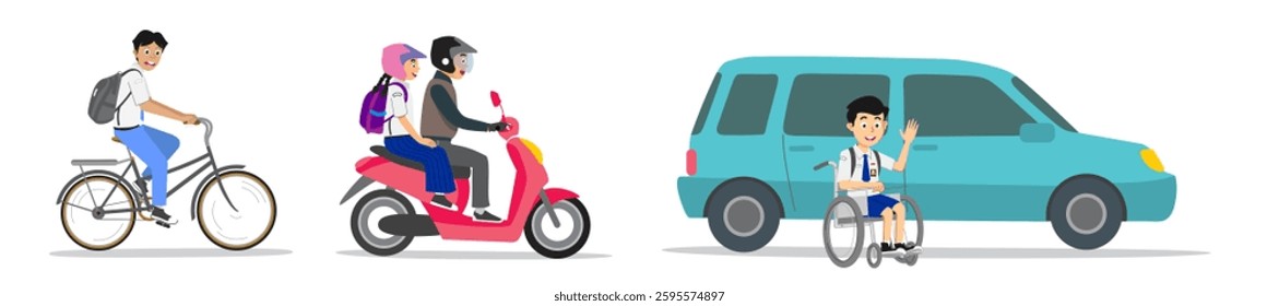vector image of school children going to school by bicycle, motorbike and car