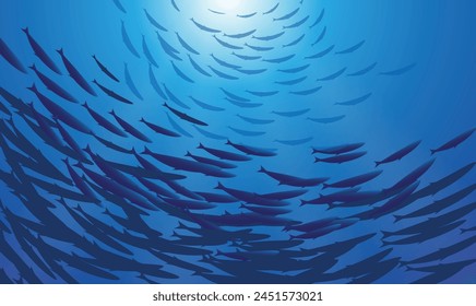 Vector image of the school of fish in the blue ocean (in the underwater) and the reflections of the sun.