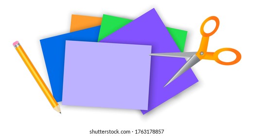 Vector image of school paper, scissors and pencil. Items for drawing and crafts.