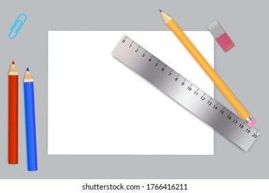 Vector image of a school set. Study items Pen ruler pencils eraser. Stationery set for office.