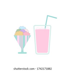 vector image of scoops of ice cream in a vase and strawberry milkshake with a straw