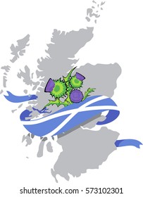 vector image of Scotland map with Scottish flag and thistle flowers