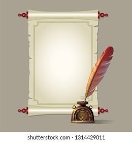 Vector image of a scroll with a beautiful bronze inkwell and a writing bird pen