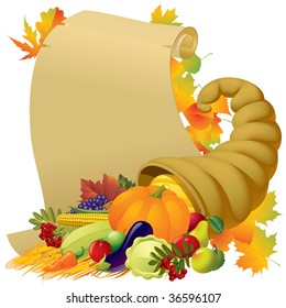 Vector image of a scroll with the Horn of Plenty and vegetables