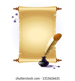 Vector image of a scroll for writing, and an inkpot with a pen on white background