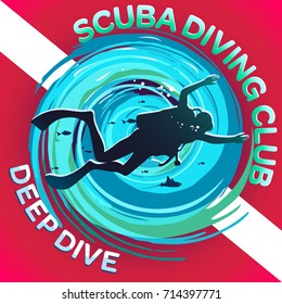 Vector image of a scuba diver on a background of a stylized maelstrom with a flag or a scuba mark diving: a white strip on a red background. Inscriptions: Scuba Diving Club & Deep Diving.