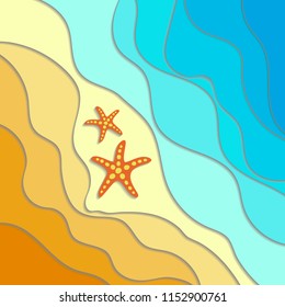 Vector image of sea stars lying on the beach. Sea waves with the paper cut out effect.