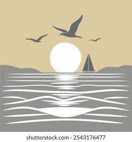 vector image of sea and sun with flying birds.