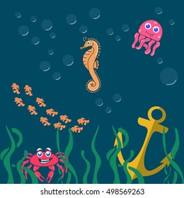 Vector image of sea world. Pictured- octopus, fish, anchor, seaweed, crab, bubbles. The cartoon style. Unique work for your business.