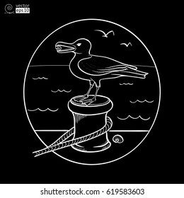 Vector image of seagull that sits on a mooring post with the background of the sea. Contour drawing on a black background