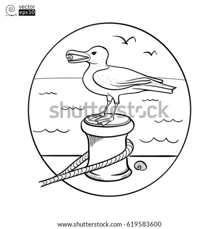 Vector image of seagull that sits on a mooring post with the background of the sea. Contour drawing for coloring book or for postcard or for a T-shirt