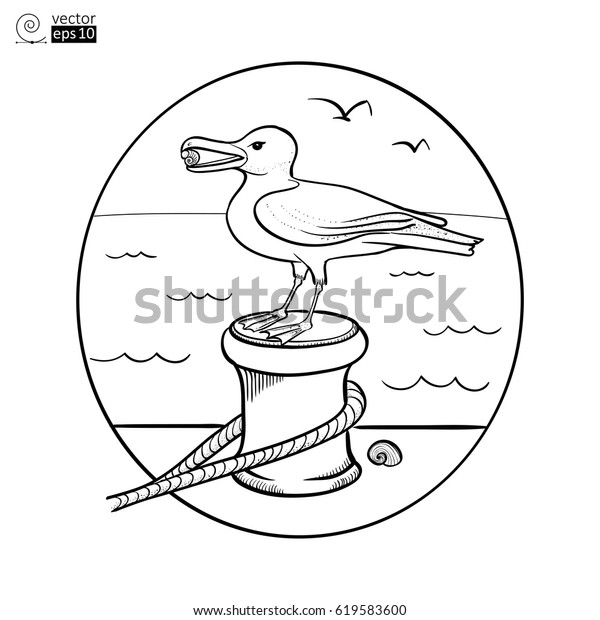Vector image of seagull that sits on a mooring\
post with the background of the sea. Contour drawing for coloring\
book or for postcard or for a\
T-shirt