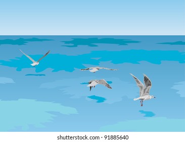 The vector image of seagulls flying over the sea