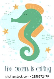 Vector image of a seahorse and starfishes underwater. Sea hand-drawn illustration for girl, birthday, holiday, summer party, card, print, clothes. The ocean is calling.