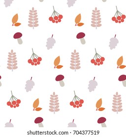 Vector image. Seamless abstract pattern on an autumn theme. Leaves, mushrooms and berries. Universal use.