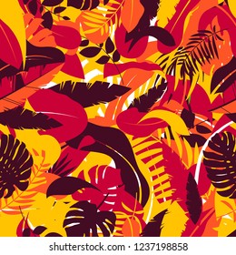 Vector image of seamless background of tropical leaves, leaves in warm autumn colors