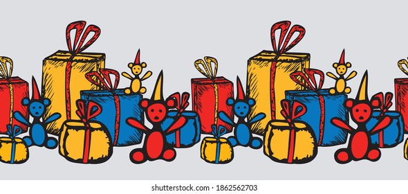 Vector image of seamless border from drawn colorful gift boxes amd teddy bears