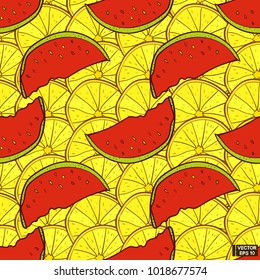 Vector image. Seamless bright pattern with fruits. Pieces of ripe red watermelon and yellow lemon