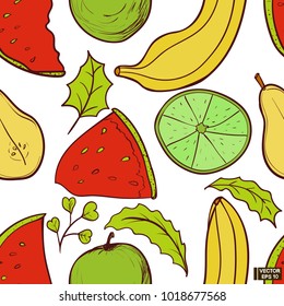 Vector image. Seamless color pattern with fruits. Ripe banana, watermelon, apple and pear hand-drawn