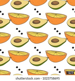Vector image. Seamless color pattern with fruits. Avocado and orange on a white background with black dots