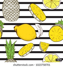 Vector image. Seamless color pattern with fruits. Pineapple and lemon on a striped background