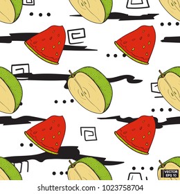 Vector image. Seamless color pattern with fruits. Watermelon and apple on an abstract black and white background