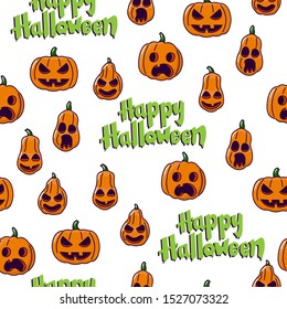 vector image, seamless pattern, background, texture, print for wrapping paper. Collection of pumpkin characters, cut out faces, handwritten lettering "Happy Halloween". Symbol of 31 october, halloween