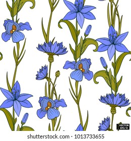 Vector image. Seamless pattern with beautiful blue flowers and green leaves on a white background. Blue flowers of cornflower, iris and lilies