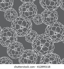 Vector image of seamless pattern of black peonies on a black background. Black flowers with a white stroke. Made in monochrome style. Vector seamless pattern.