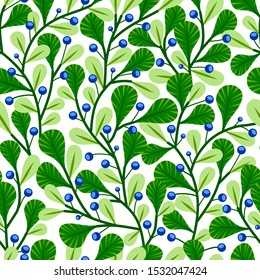 Vector image, seamless pattern. Blue wild berries and green leaves isolate on a white background. Ornament pattern for fabric and wrapping paper.